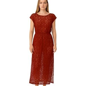 Warehouse Red Sheer Floral Lace Midi Dress UK 8 / US 4 festival bohemian boho